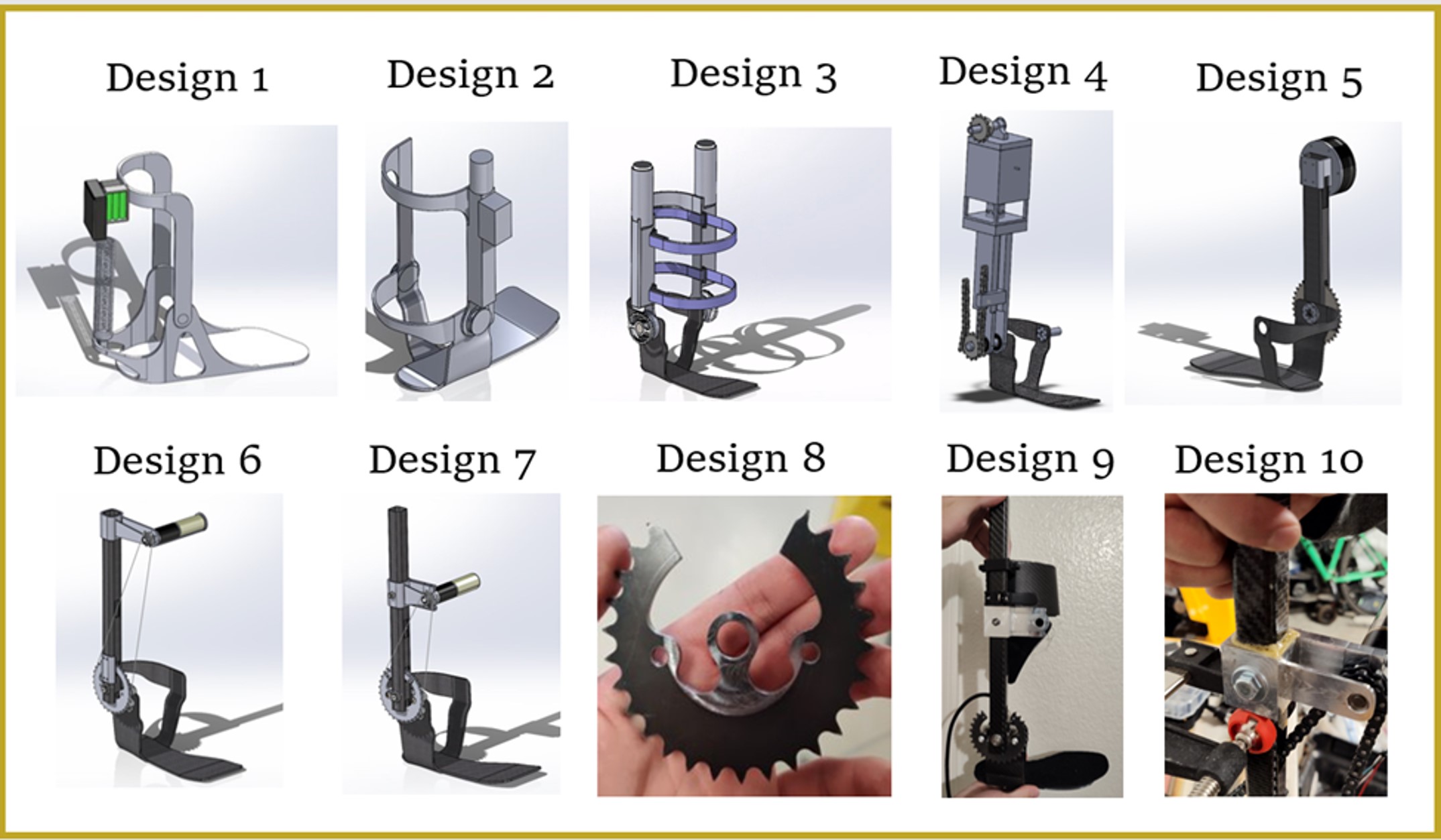 An image that shows the painful iterative process of engineering. There are six designs prior to the final redesign